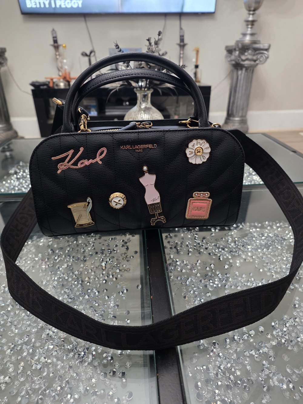 Karl Lagerfeld Black Embellished Barrel Bag Nwt Retails 248
